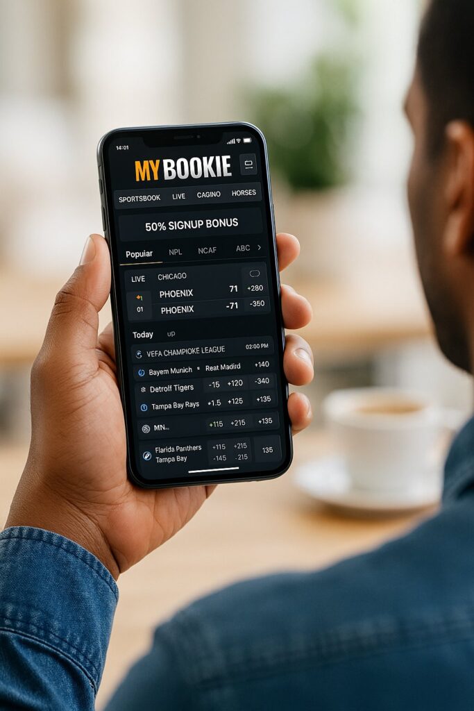 MyBookie Mobile Experience shown on a smartphone in a users hand displaying live betting options and odds offering a seamless and intuitive sportsbook interface.