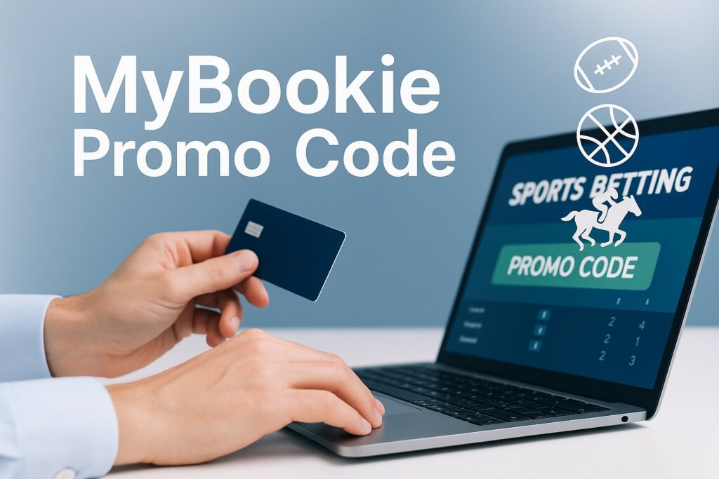 Person uses MyBookie Promo Code on laptop for sports betting with credit card. Enhance your betting experience and start saving with exclusive offers using MyBookie Promo Code.