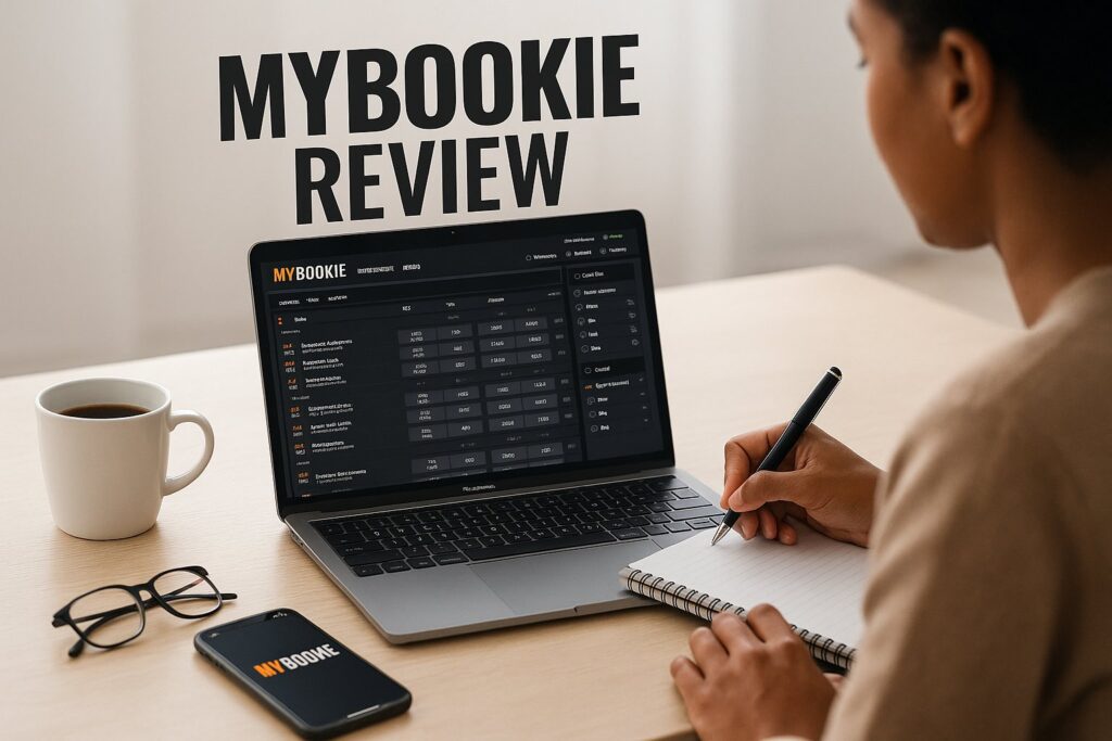 Person writing notes while reviewing MyBookie on a laptop with MyBookie Review highlighted. Smartphone next to notebook complements this MyBookie Review session.