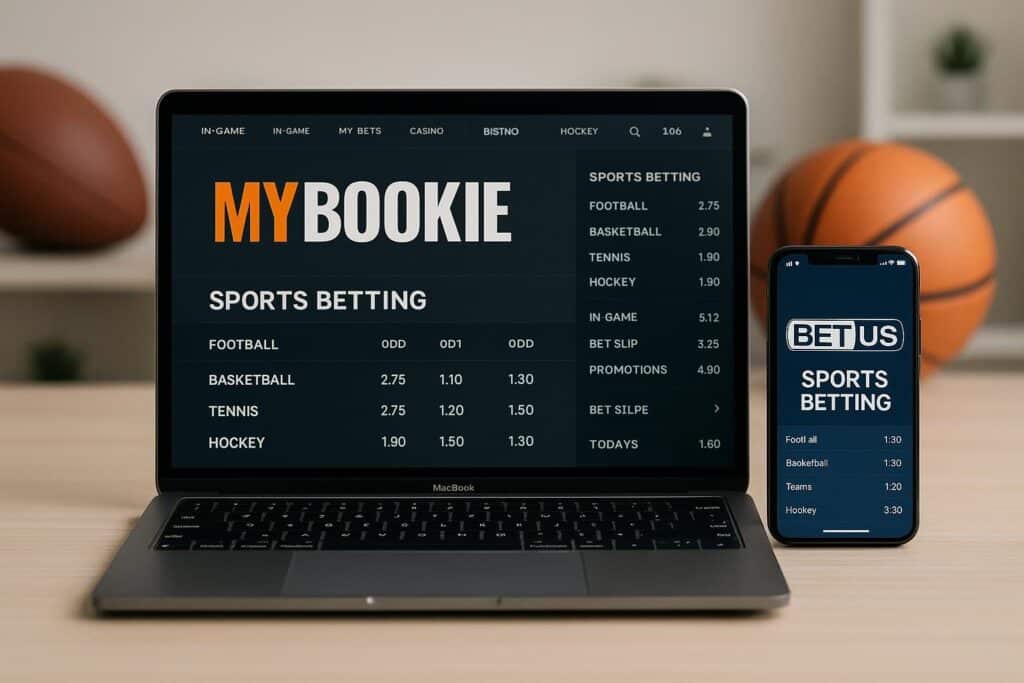 Comparison of MyBookie vs BetUS sports betting platforms displayed on a laptop and smartphone screen with basketballs in the background emphasizing the betting theme