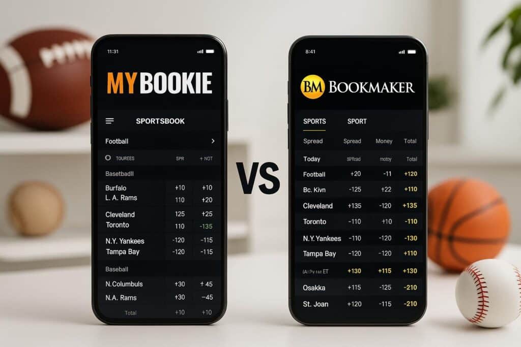 Compare MyBookie vs BookMaker: Mobile interfaces showcasing sports betting options. Analyze differences and features for an informed choice between MyBookie and BookMaker.