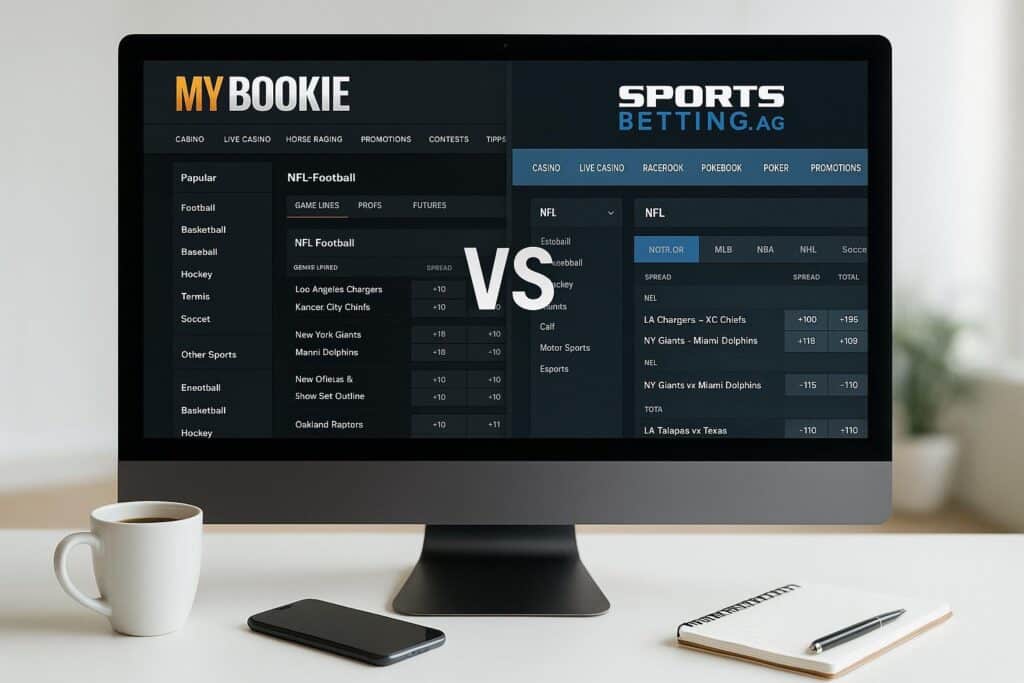 Comparison of MyBookie vs SportsBetting displayed on a computer screen showcasing odds and game options. Ideal for users looking to compare online betting platforms.