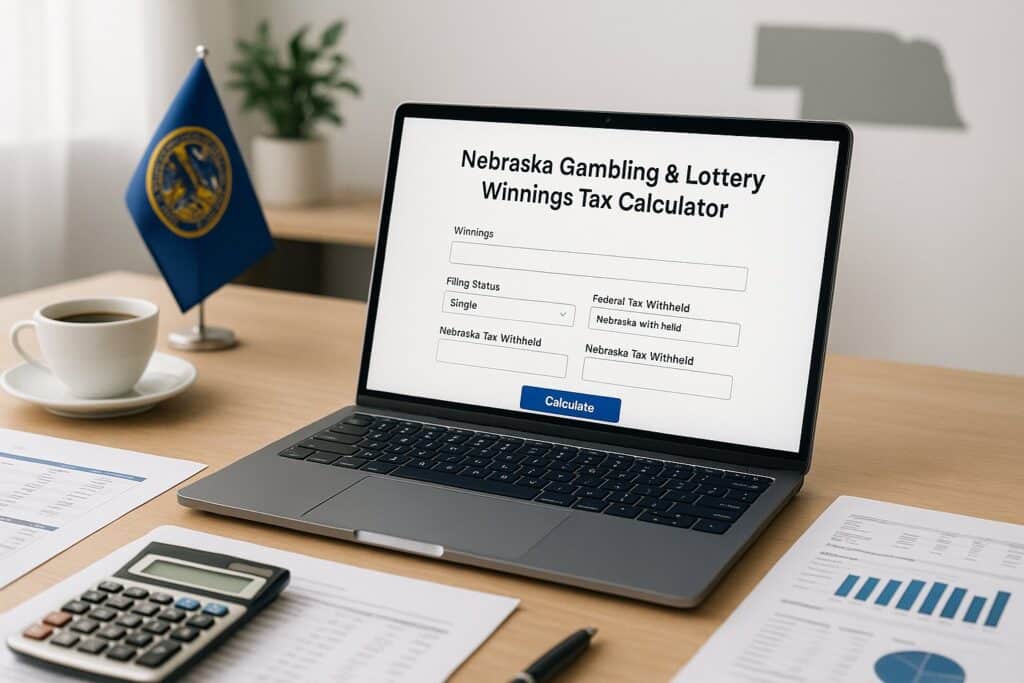 Laptop displaying Nebraska Gambling and Lottery Tax Calculator on a desk with financial charts and a calculator. Enhance your tax planning with this essential tool.