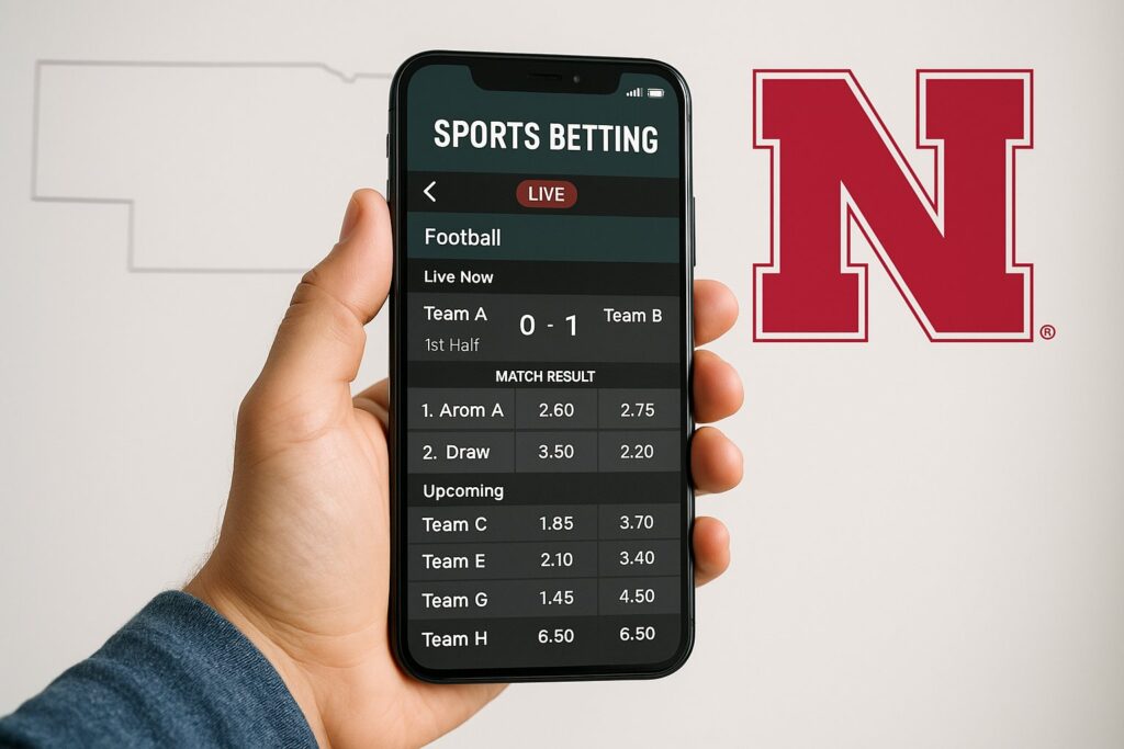 Person holding smartphone displaying live sports betting app focused on Nebraska with betting odds and scores. Explore Nebraska sports betting apps for opportunities.
