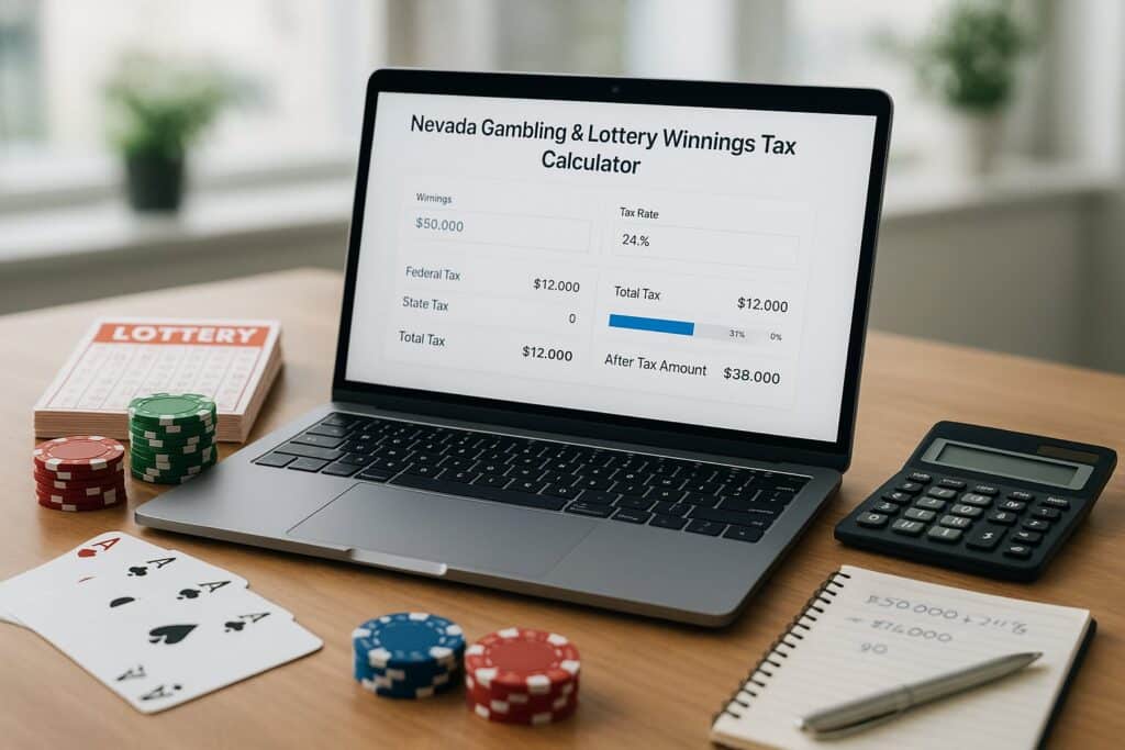 Laptop displaying Nevada Gambling and Lottery Tax Calculator on desk with poker chips cards lottery ticket and calculator providing tax insights and calculations for winnings.