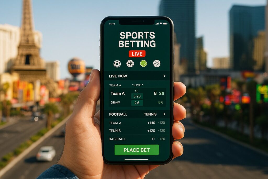 Person holding a smartphone with a sports betting app displaying live odds on a Nevada street showcasing the popularity of Nevada sports betting apps.