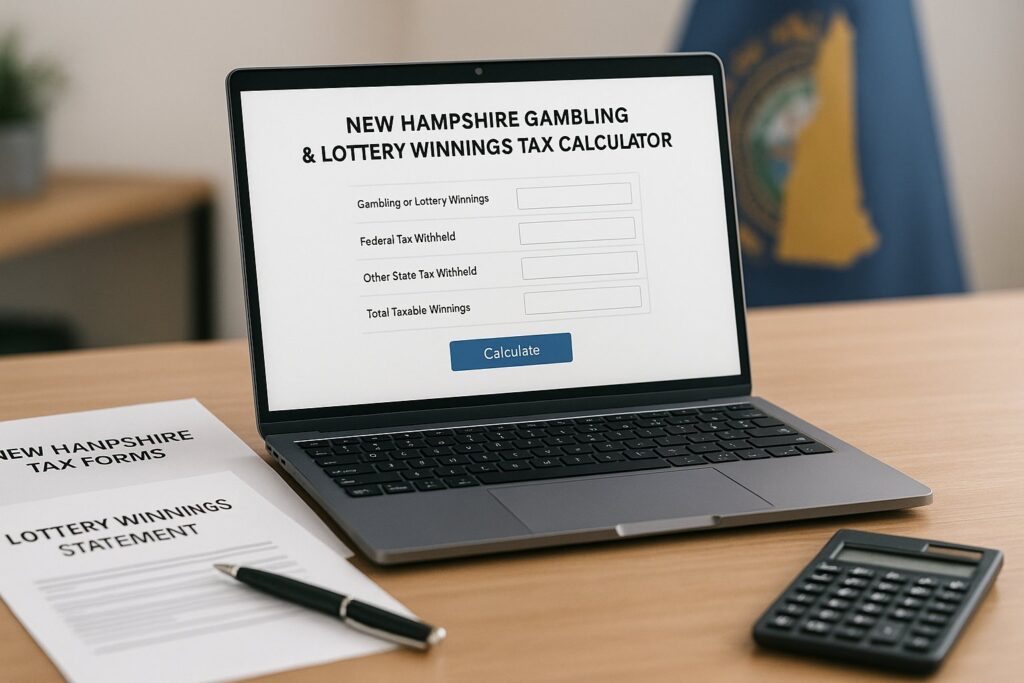 Laptop displaying New Hampshire Gambling and Lottery Tax Calculator on a desk with tax forms and calculator emphasizing efficient tax computation for lottery winnings.