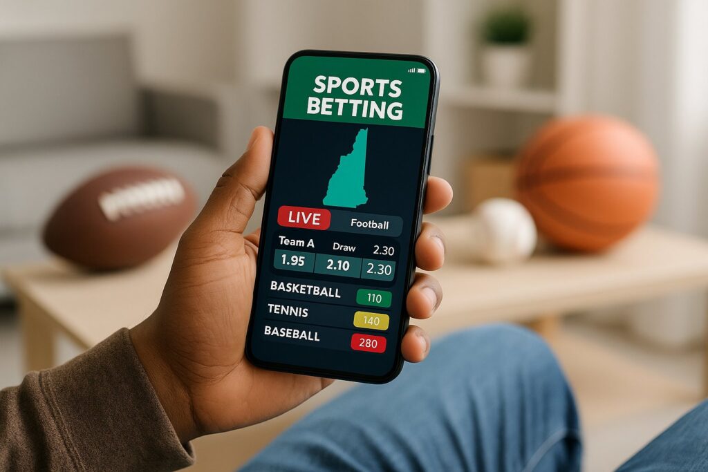 Person using mobile phone with New Hampshire Sports Betting Apps displaying live odds for football, basketball, and tennis. Engaging sports apps for enthusiasts.