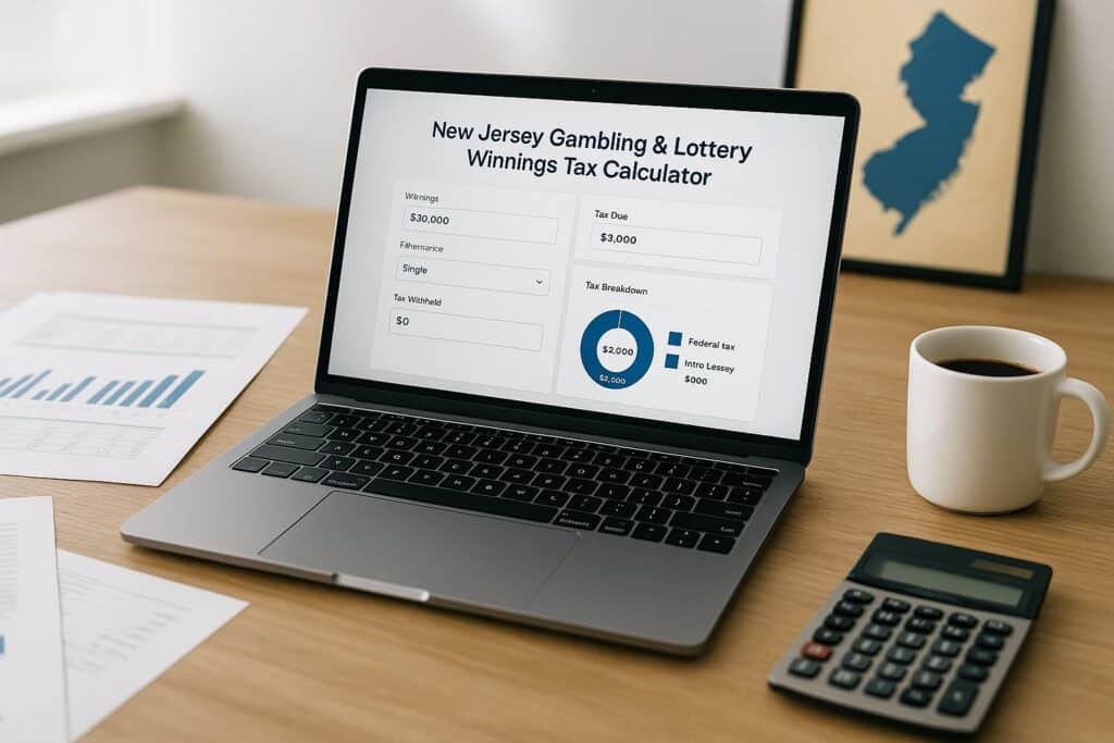 Laptop displaying New Jersey Gambling and Lottery Tax Calculator for accurate tax estimation with charts and input fields. Essential tool for managing gambling and lottery taxes.