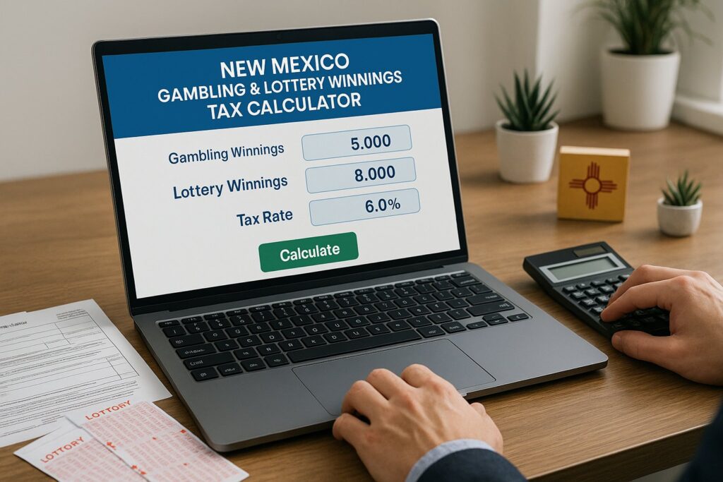 Laptop screen displaying New Mexico Gambling and Lottery Tax Calculator tool with fields for gambling winnings lottery winnings and tax rate. Person using a calculator nearby.