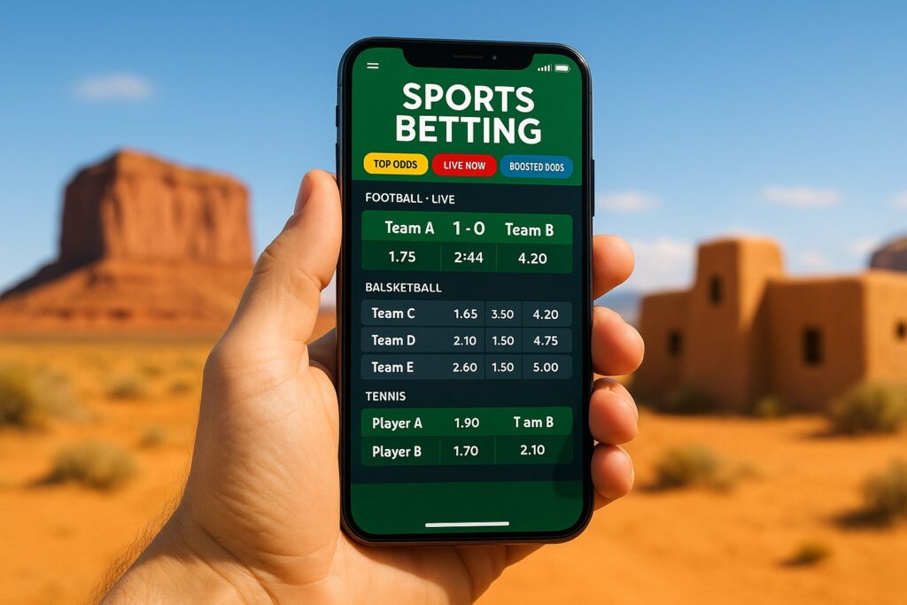 Person using a mobile device with sports betting app in New Mexico desert landscape, showcasing the convenience and popularity of New Mexico Sports Betting Apps.