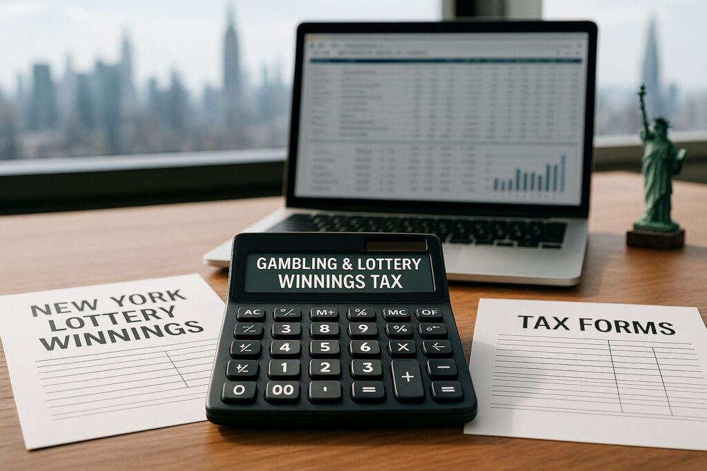 Calculator with tax forms and New York City skyline in background. Use the New York Gambling and Lottery Tax Calculator to manage casino and lottery winnings efficiently.