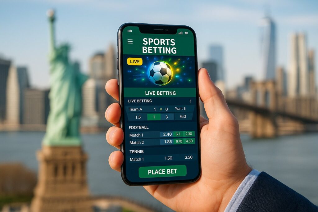 Person holding a smartphone displaying a sports betting app with the New York City skyline in the background highlighting the best New York Sports Betting Apps experience.