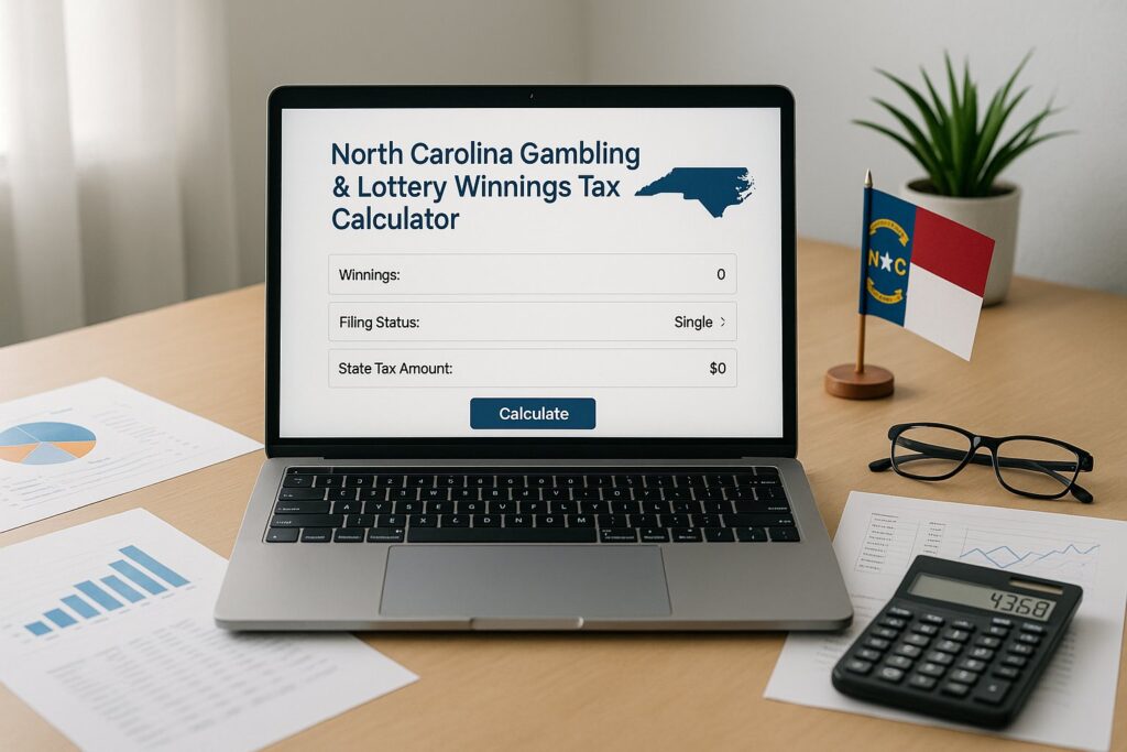 Laptop displaying North Carolina Gambling and Lottery Tax Calculator on a desk with charts and calculator, aiding users in computing lottery and gambling taxes in North Carolina.