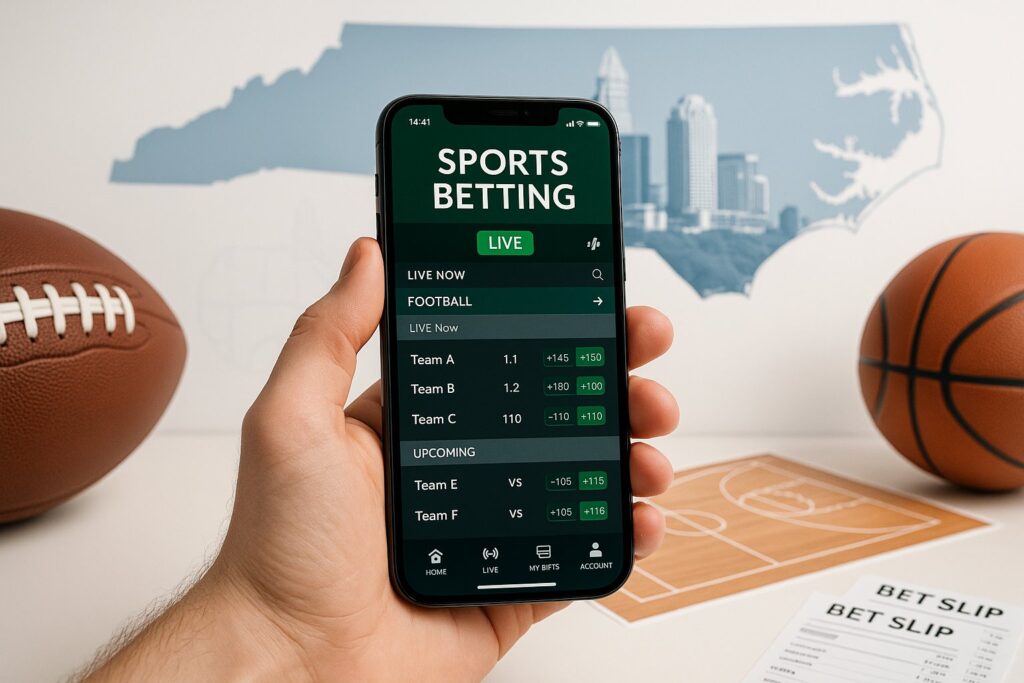 Man holding smartphone displaying sports betting app with North Carolina map in background highlighting North Carolina sports betting apps and basketball elements.