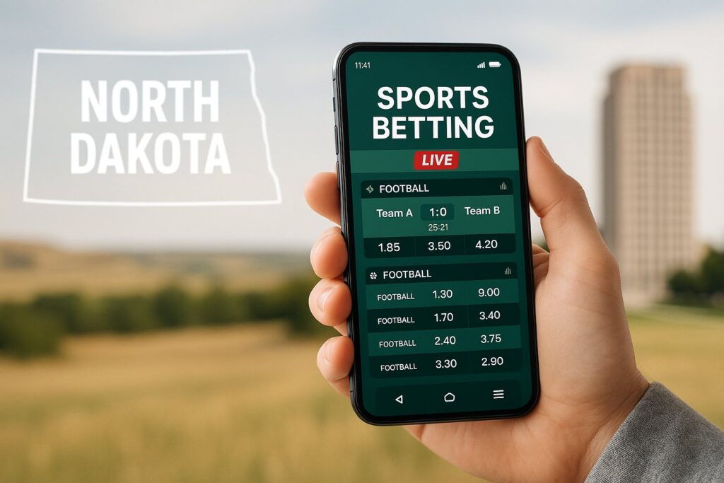 Hand holding smartphone with sports betting app in North Dakota. Explore top North Dakota sports betting apps for live football odds and betting opportunities.