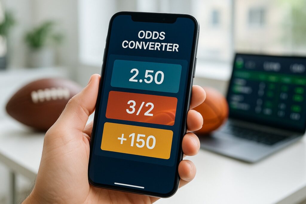 Hand holding smartphone displaying Odds Converter app on screen with different betting odds formats. Ideal for sports enthusiasts and bettors looking for odds conversion.