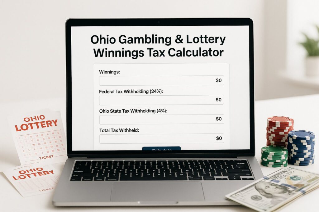 Laptop screen displaying Ohio Gambling and Lottery Tax Calculator surrounded by lottery tickets and poker chips illustrating tax calculations on winnings in Ohio.