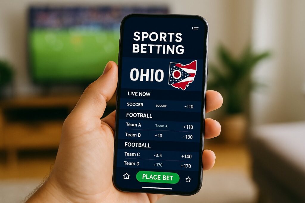 Person holding a smartphone displaying Ohio Sports Betting Apps interface with live betting options for soccer and football showcasing the convenience of mobile betting in Ohio.