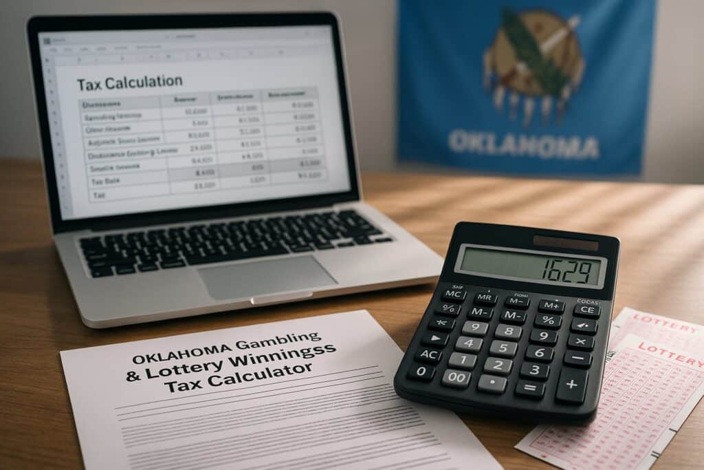 Laptop and calculator on a desk displaying Oklahoma Gambling and Lottery Tax Calculator. Helps calculate tax on gaming and lottery winnings in Oklahoma efficiently.