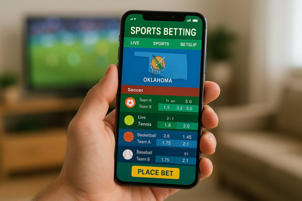 Person holding a smartphone displaying Oklahoma Sports Betting Apps interface focusing on live soccer tennis basketball and baseball betting options in a cozy home setting.