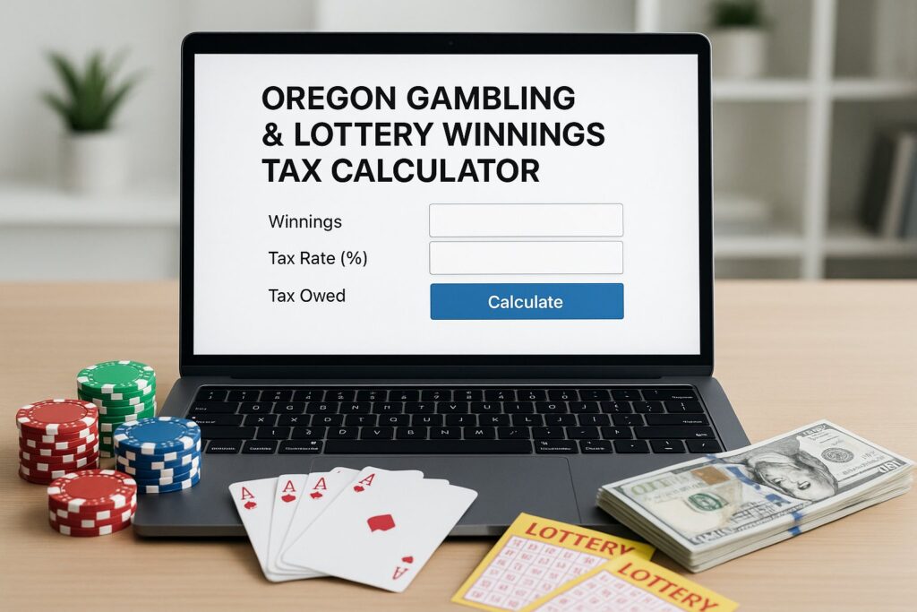 Laptop displaying Oregon Gambling and Lottery Tax Calculator with poker chips, cards, and money nearby. Optimize tax calculations for Oregon gambling and lottery winnings.