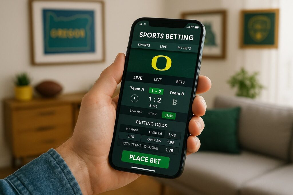Person holding smartphone displaying sports betting app interface with Oregon theme in a cozy room. Discover top Oregon sports betting apps for convenient online wagering.