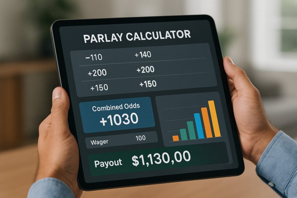 A person holding a tablet displaying a Parlay Calculator with odds, combined odds, wager, and payout information. The Parlay Calculator enhances sports betting strategy.