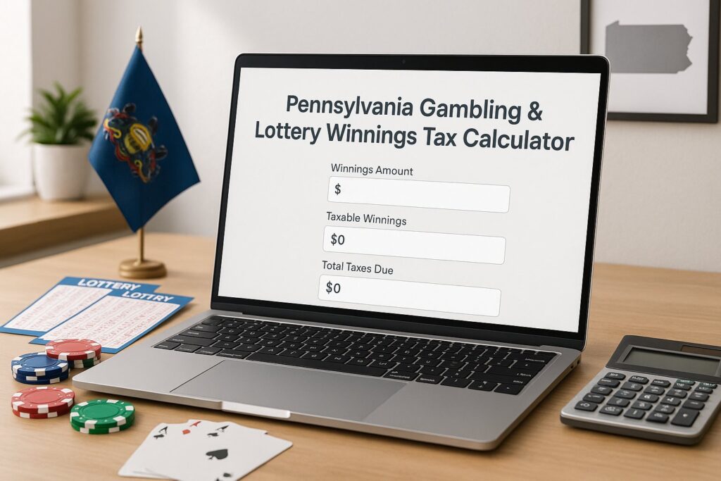 Laptop displays Pennsylvania Gambling and Lottery Tax Calculator with fields for winnings and tax. Nearby are a calculator and poker chips, symbolizing gambling calculations.
