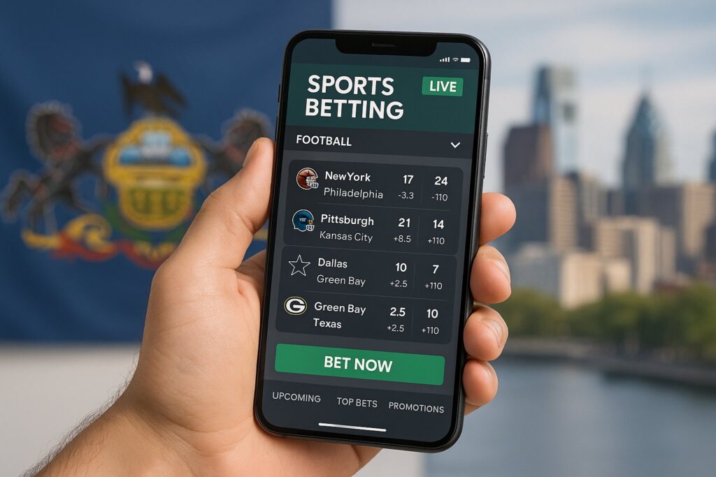 Person holding a smartphone displaying a Pennsylvania sports betting app interface showing live football scores with a blurred city skyline in the background.