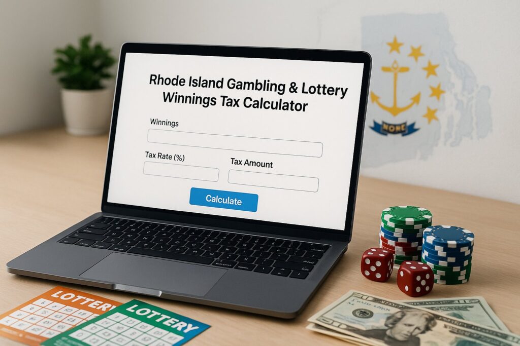 Laptop displaying Rhode Island Gambling and Lottery Tax Calculator on a desk with lottery tickets cash and poker chips highlighting the tax calculation process.