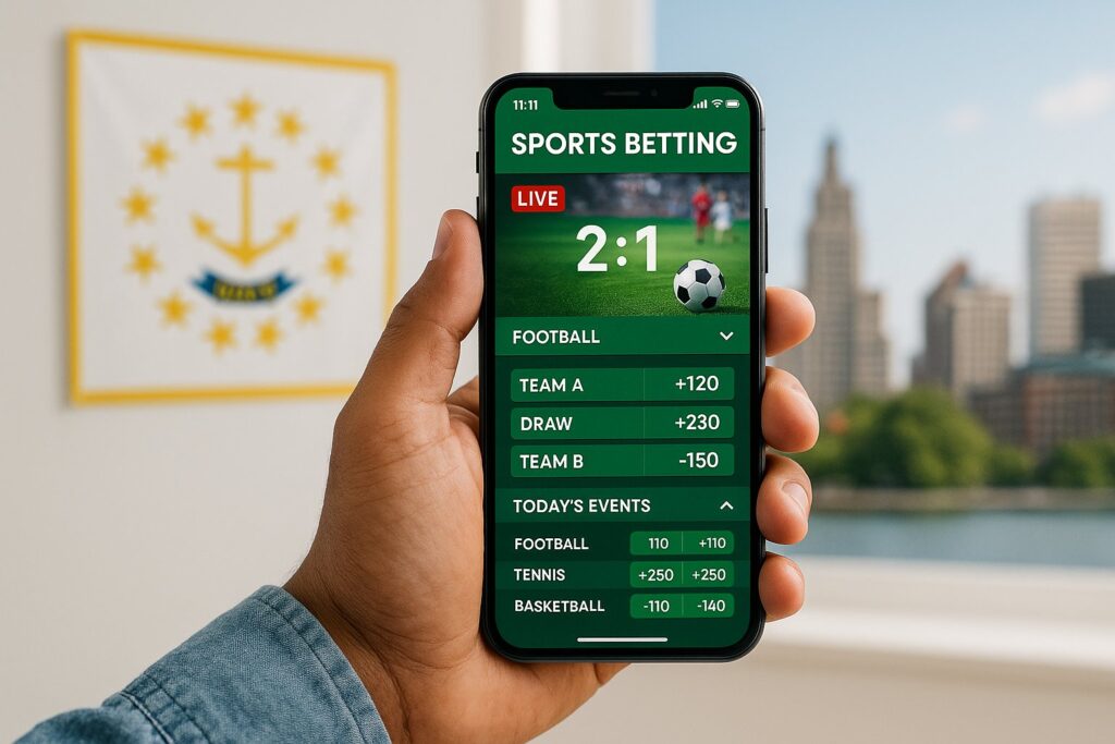 User enjoying Rhode Island Sports Betting Apps on smartphone displaying live football betting odds and events with scenic cityscape and Rhode Island flag in the background.
