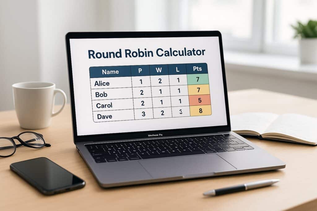 Laptop displaying a Round Robin Calculator chart on a desk alongside a coffee cup notebook and pen ideal for managing tournament scores and rankings efficiently