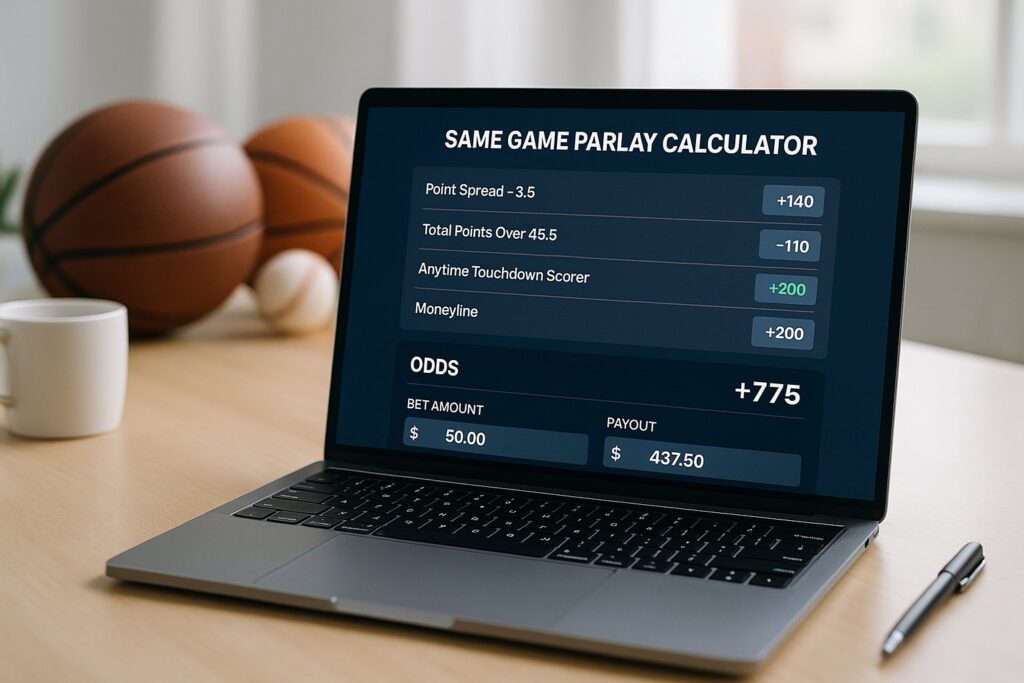Laptop displaying SGP Calculator with options for point spread total points and moneyline. Enhances sports betting strategy and potential payouts. Basketballs sit nearby.