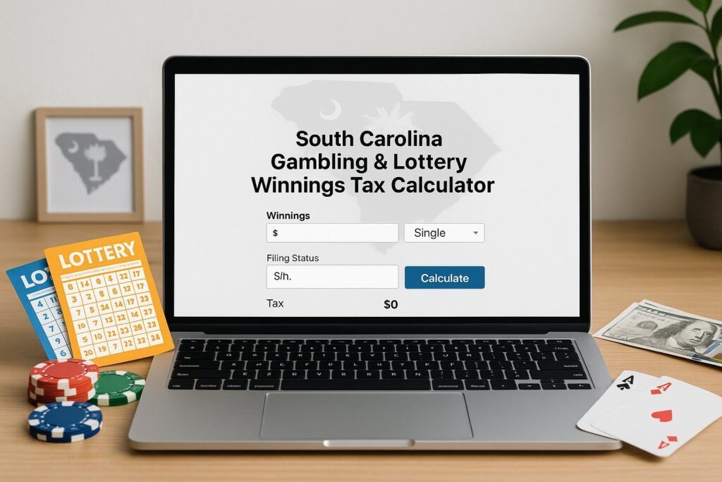 Laptop displaying South Carolina Gambling and Lottery Tax Calculator interface with poker chips and lottery tickets nearby enhancing tax calculation understanding.
