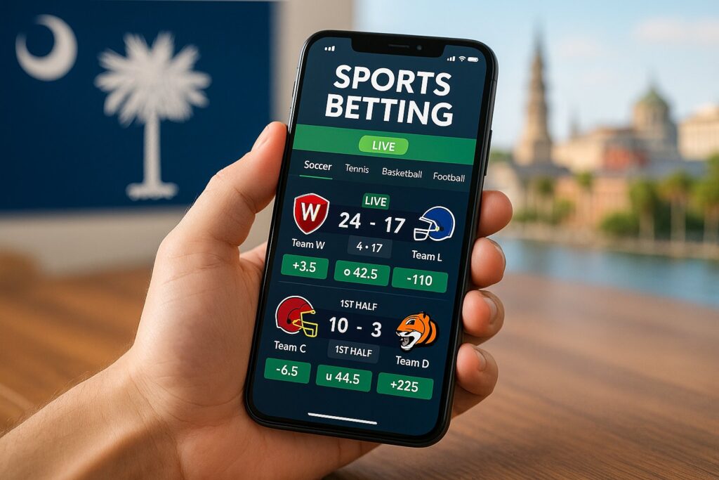 Person holding smartphone displaying sports betting app interface with live scores, promoting South Carolina sports betting apps against a backdrop of a flag and cityscape.