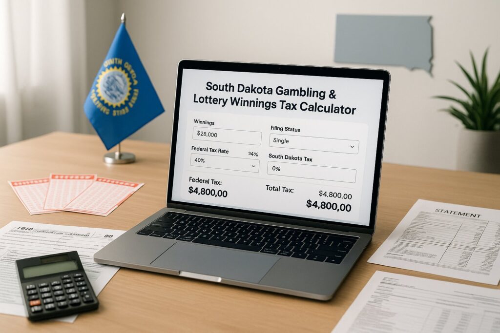 Laptop displaying South Dakota Gambling and Lottery Tax Calculator used to determine tax on winnings with calculator and documents on a desk for accurate calculation.