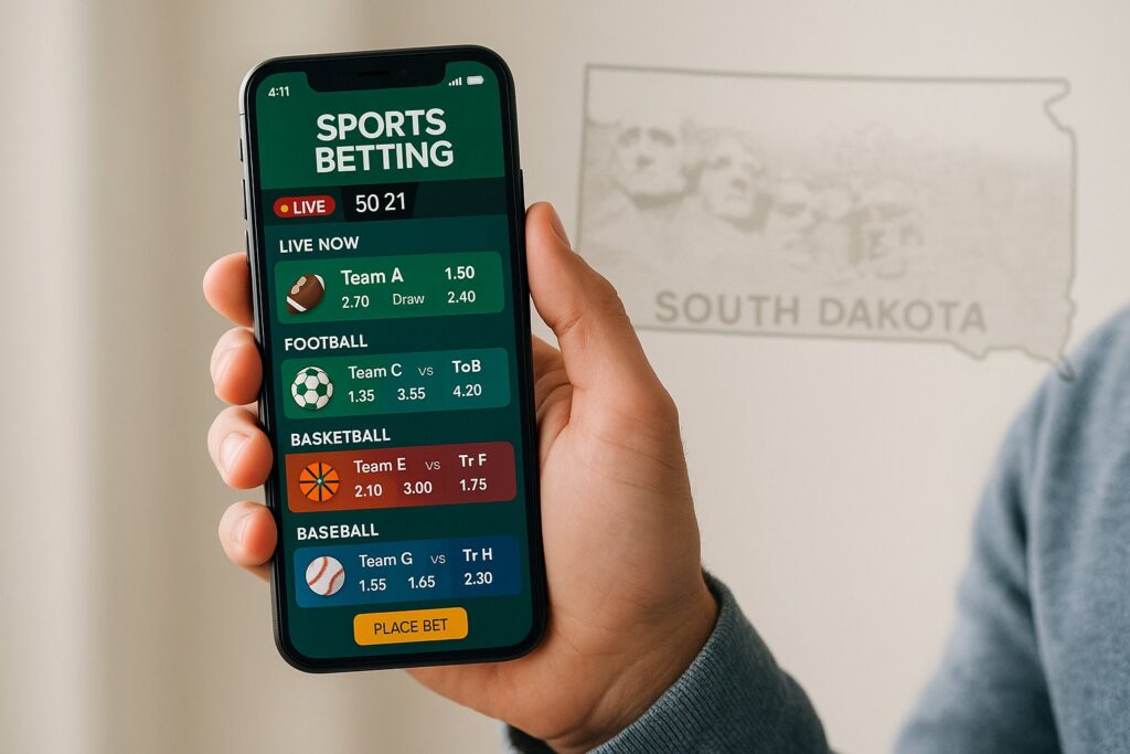 Man holding a smartphone displaying sports betting options with a South Dakota map in the background highlighting the use of South Dakota Sports Betting Apps.
