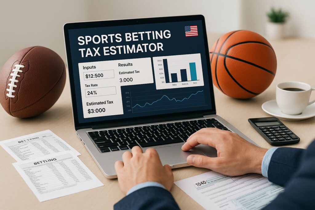 Desktop displaying Sports Betting Tax Calculator with graphs and financial data alongside a football and basketball showcasing tax estimation for sports bets.