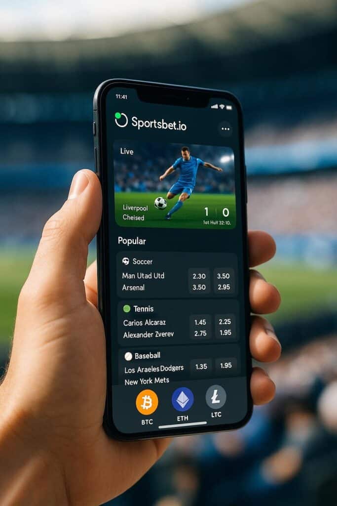 User holding smartphone showing SportsBet.io Crypto Sportsbook Mobile App with live match updates and crypto betting options suitable for sports enthusiasts.