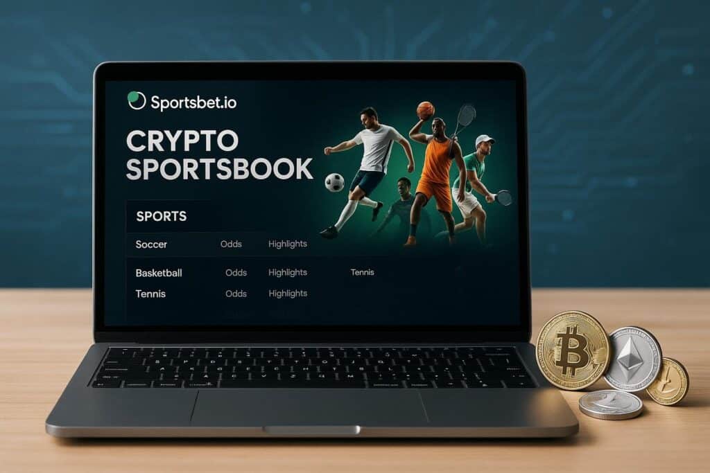 Laptop displaying SportsBet.io Crypto Sportsbook with supported cryptocurrencies Bitcoin and Ethereum. Platform offers sports like soccer and basketball for betting.