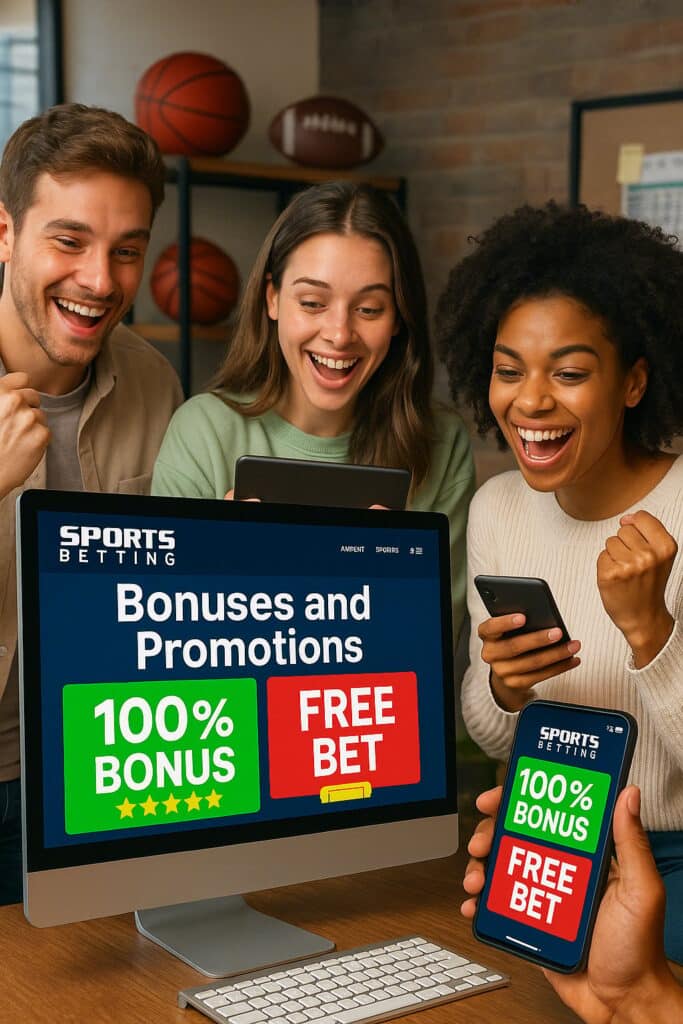 Excited friends celebrate SportsBetting Bonuses and Promotions shown on a computer and phone screen with 100 percent bonus and free bet offers enhancing online betting fun.