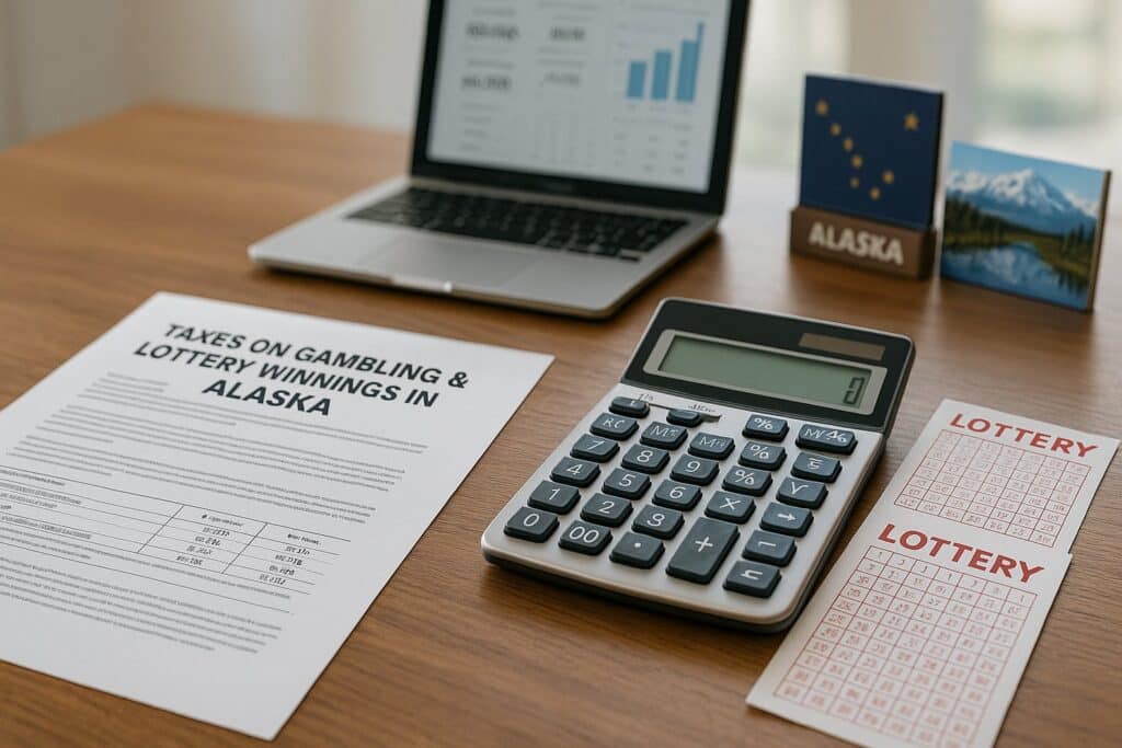 Calculator and documents on taxes for gambling and lottery winnings in Alaska on a desk indicating a guide for managing tax obligations with relevant calculations.