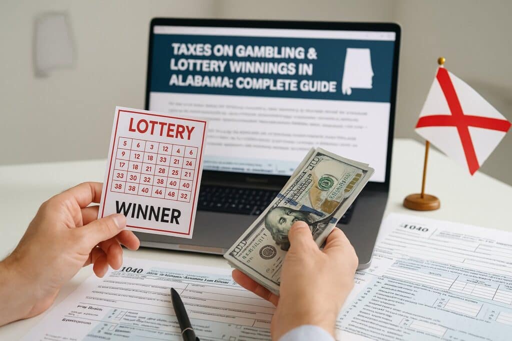 Lottery winnings being calculated against Taxes on Gambling and Lottery Winnings in Alabama Complete Guide with cash and tax documents in the foreground.