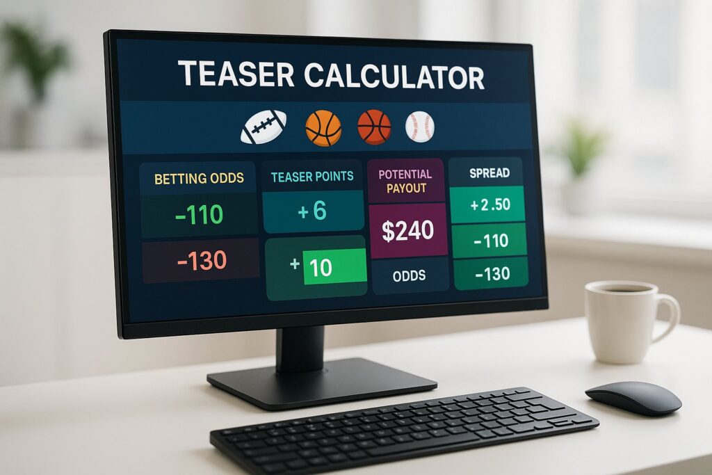 Computer screen displaying a Teaser Calculator for sports betting showing betting odds teaser points potential payout and spread helpful for calculating betting strategies.