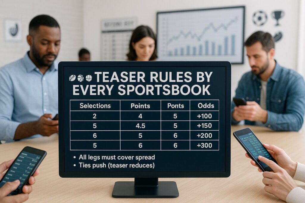 A group of diverse professionals examines Teaser Rules by Every Sportsbook on a computer screen, showcasing a chart with selections points and odds in a modern office setting.