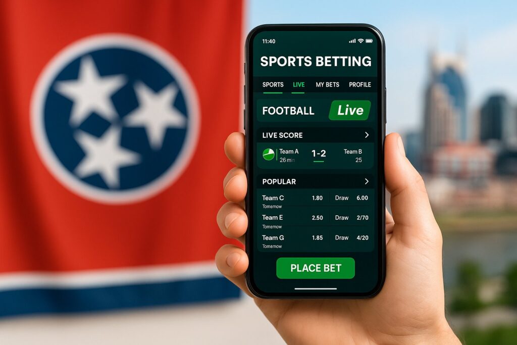 Person using a sports betting app on a smartphone with Tennessee flag in the background highlighting the convenience and accessibility of Tennessee Sports Betting Apps.