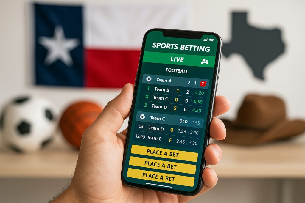 Mobile phone displaying a sports betting app with a Texas flag in the background highlighting Texas Sports Betting Apps for football enthusiasts seeking online wagers.
