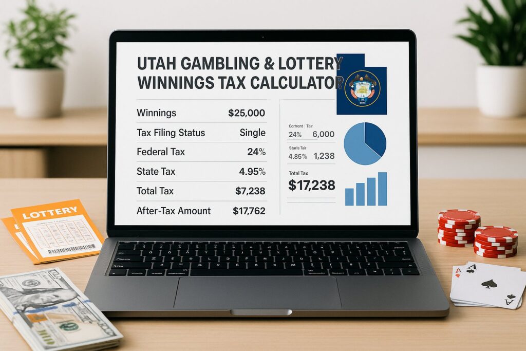 Laptop screen displaying Utah Gambling and Lottery Tax Calculator with detailed tax breakdown. Money and lottery ticket on table illustrate gambling winnings tax.