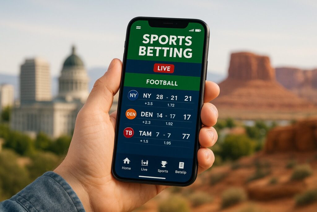 Hand holding smartphone displaying sports betting app with live football scores against Utah landscape background. Ideal for Utah Sports Betting Apps enthusiasts.
